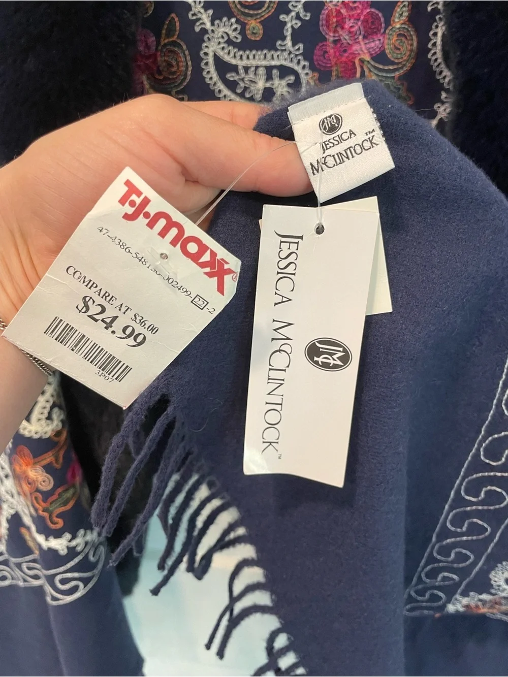 Jessica McClintock Navy Floral Paisley Shawl with Blue Faux Fur Collar